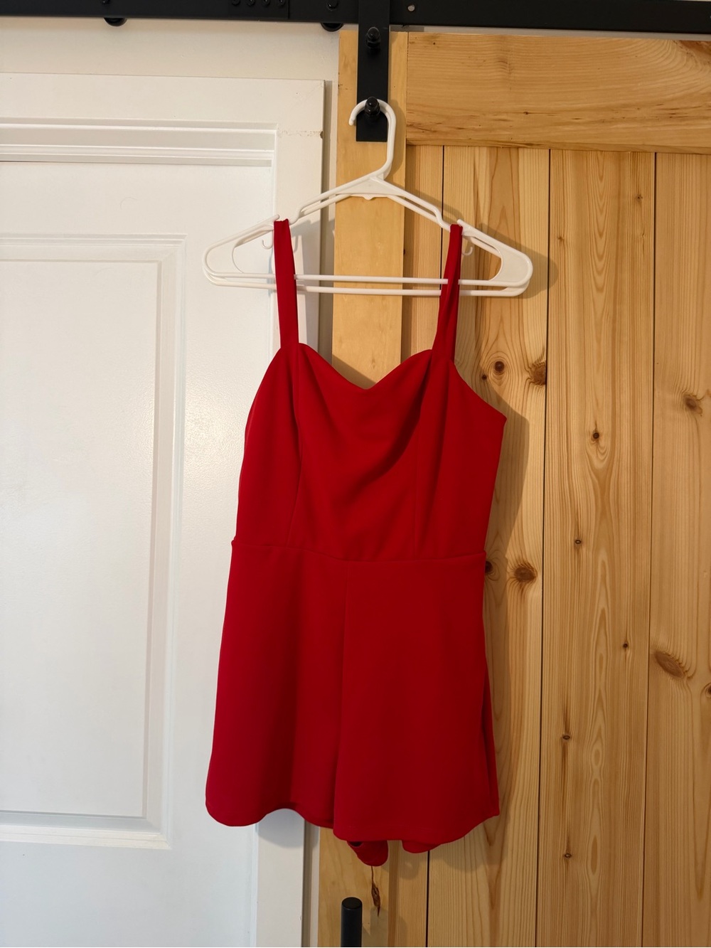 Red Spaghetti-Strap Romper with Draped Neckline